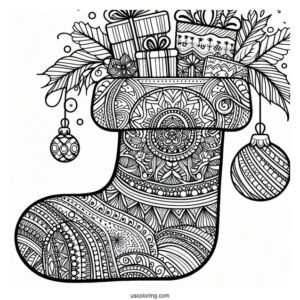 Christmas Coloring Pages For Adults Of Intricate Christmas Stocking Zentangle With Presents Inside