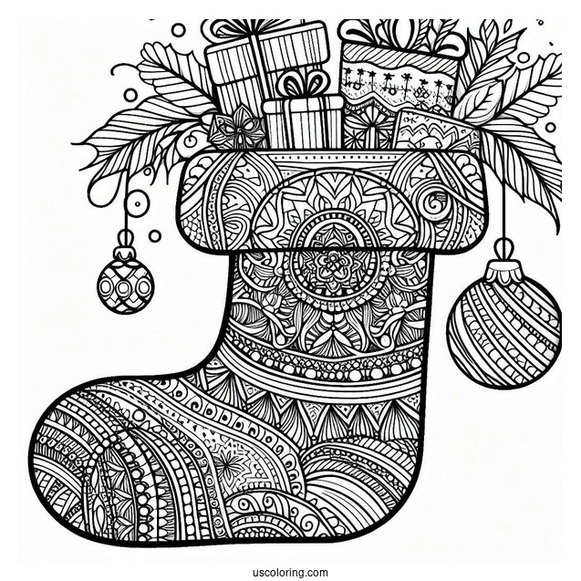 Christmas Coloring Pages For Adults Of Intricate Christmas Stocking Zentangle With Presents Inside