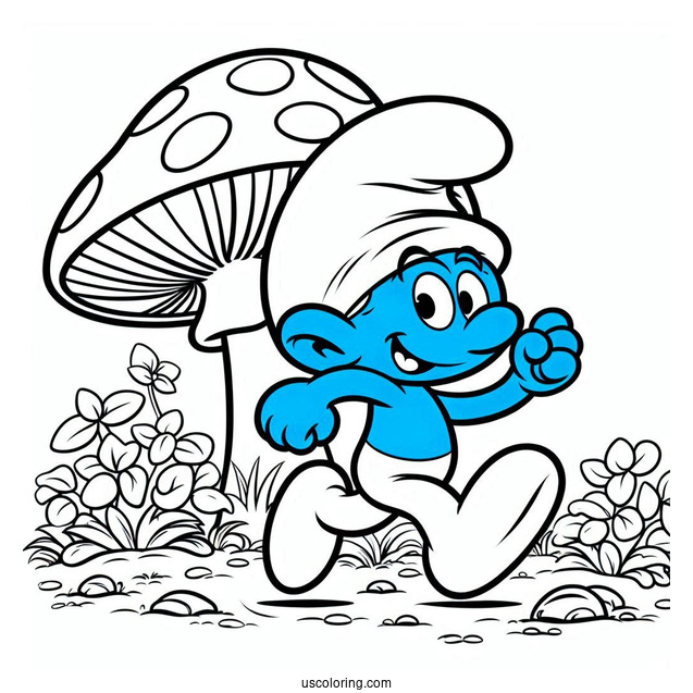 Smurf Running To Mushroom House Coloring Sheet