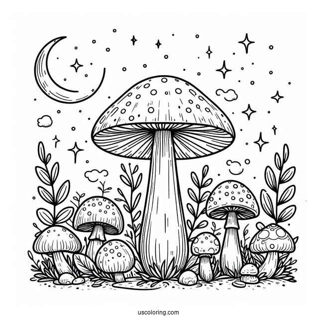 Large Mushroom Coloring Page With Other Plants Under The Night Sky