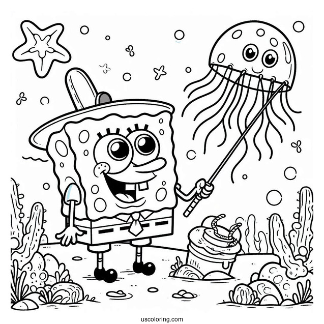 Patrik Catching Jellyfish Coloring Page For Kids