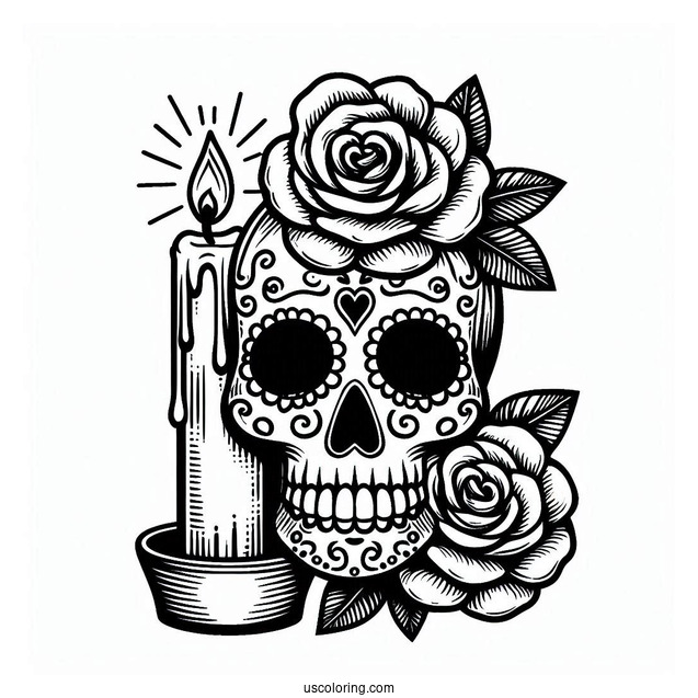Sugar Skulls Coloring Page With Two Roses And A Lit Candle On Its Head