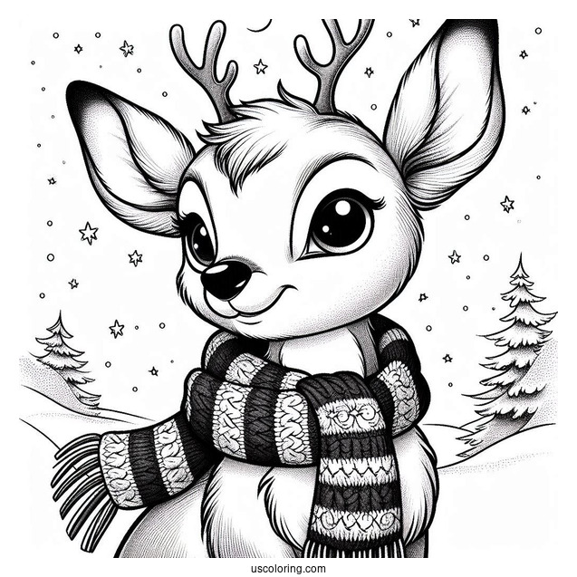 Furry Rudolph Coloring Page Wearing A Scarf Under The Night Sky