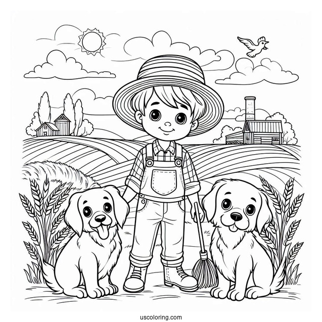 Farmer Boy With His Two Dogs