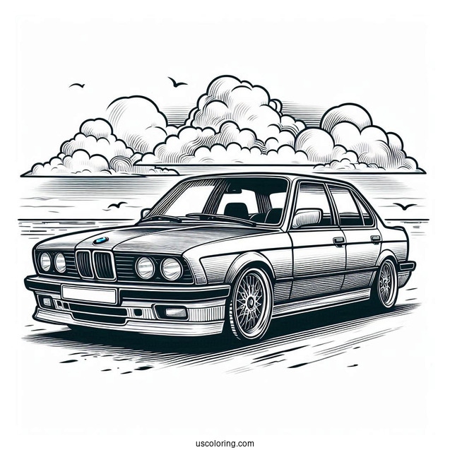 BMW Coloring Page Series 3 Berline With Cloudy Background