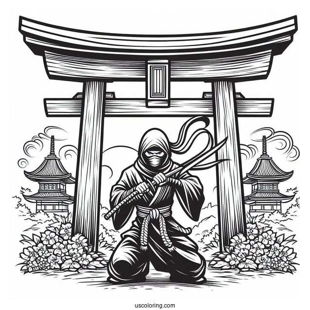 Realistic Ninja In Front Of A Torii Coloring Page