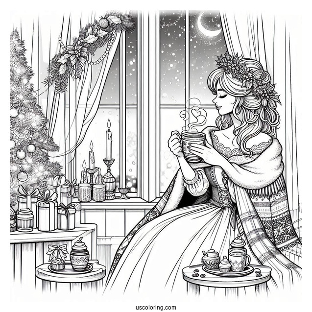 Coffee Coloring Pages Of Woman In Dress And Cape Drinking Coffee On Christmas Day By Window Bay