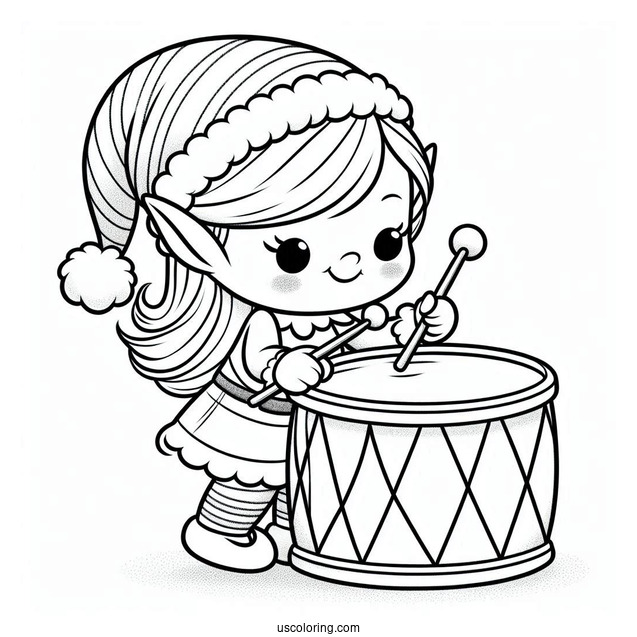 Cute Elf Playing a Drum To Color