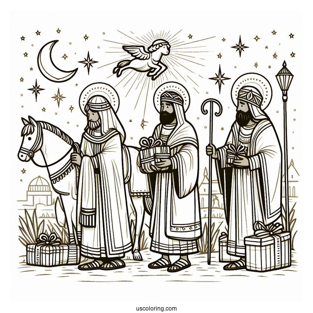 Nativity Coloring Page Of Three Kings Carrying Gifts For Jesus