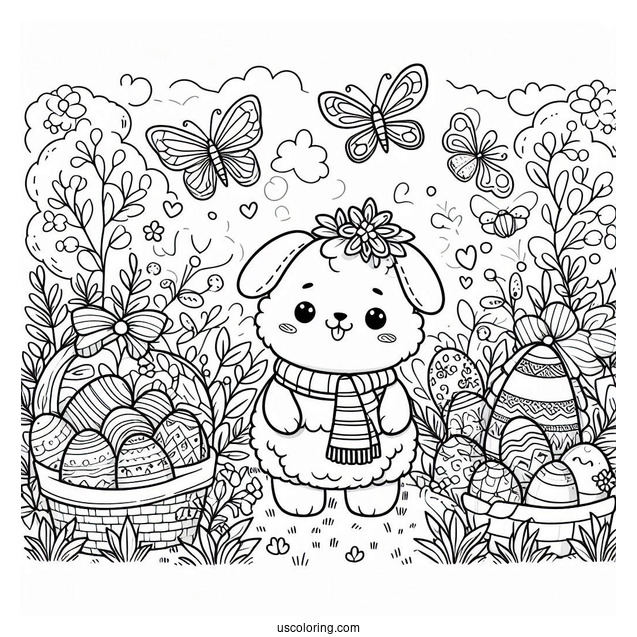 Happy Easter Coloring Page In Garden With Butterflies For Kids