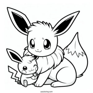 Coloring Sheet Of Eevee Playing With Pikachu