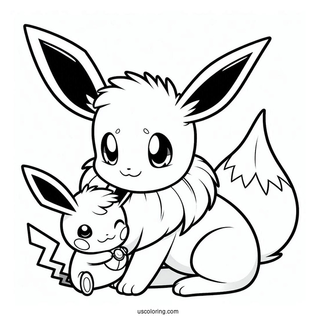 Coloring Sheet Of Eevee Playing With Pikachu