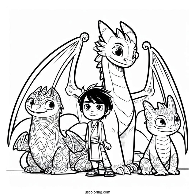 Raya And The Last Dragon Coloring Page Of Raya, Sisu, Tuk Tuk, And Namaari