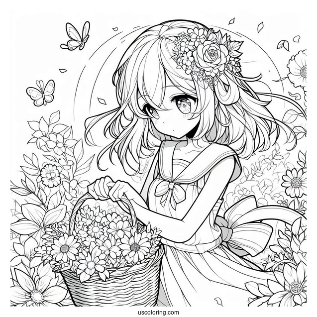 Anime Girl Gathering Flowers In The Summer Coloring Page For Kids