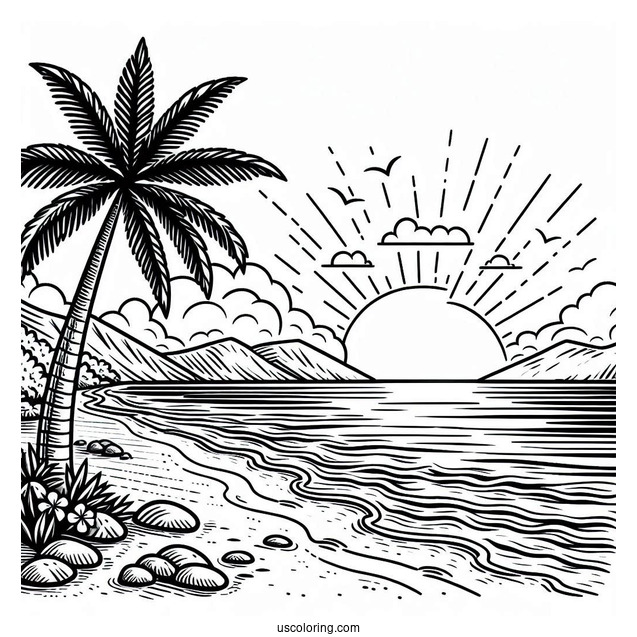 Simple Beach Landscape Coloring Sheet