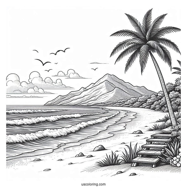 Realistic Beach Coloring Page With Mountain View
