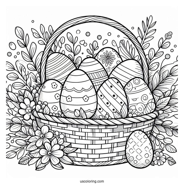 Easter Coloring Page Of Simple Easter Eggs In A Large Basket For Kids