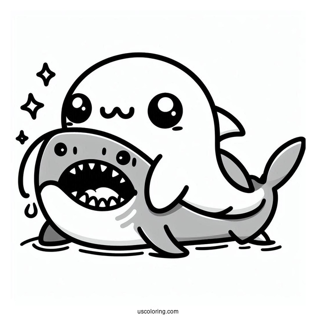 Kawaii Cartoon Shark Play Biting A Sea Lion Coloring Page For Kids