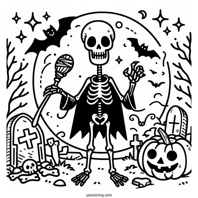 Cartoon Skeleton Coloring Page On Halloween