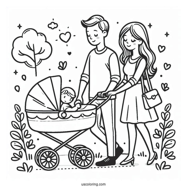 Mother And Father Walking Baby Coloring Page In Stroller