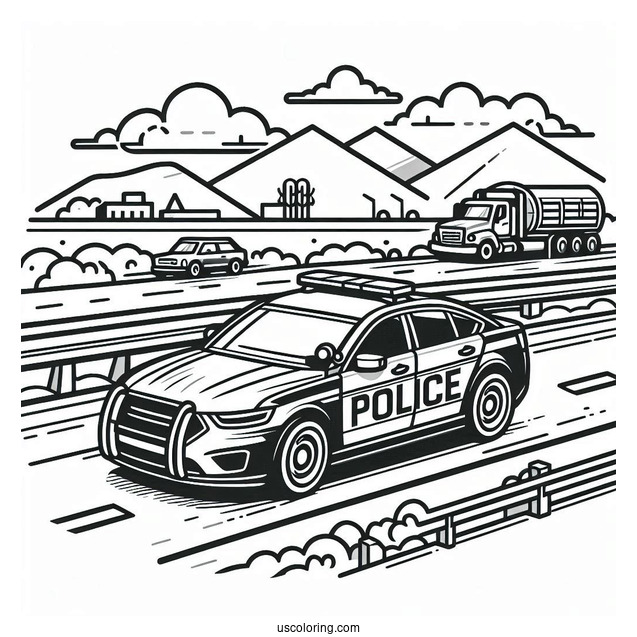 Fast Police Car On Highway To Color