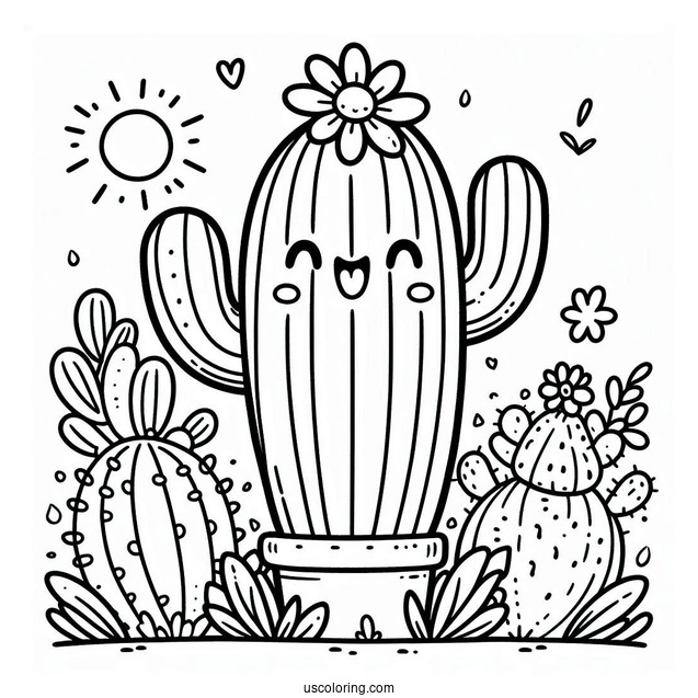 Cute Kawaii Cactus Coloring Page