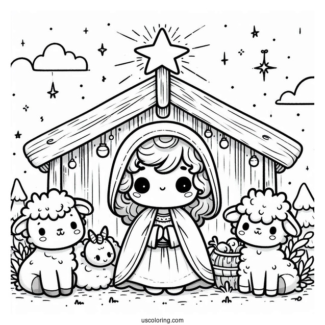 Nativity Coloring Page Of Cute Chibi Nativity With Star And Manger For Preschoolers