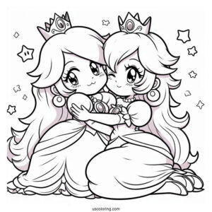 Princess Peach Hugging Princess Rosalina Coloring Page