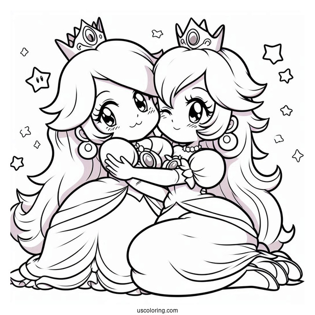 Princess Peach Hugging Princess Rosalina Coloring Page