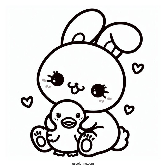Kawaii Rabbit Hugging A Duckling Coloring Page