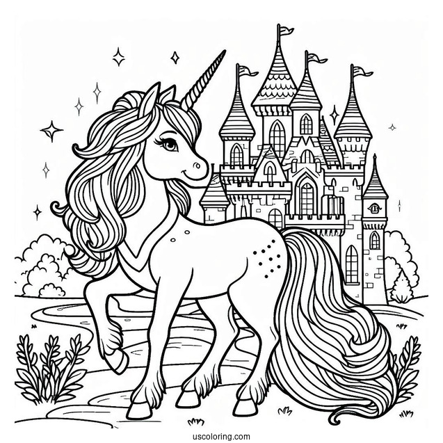 Beautiful Unicorn Standing Outside Of A Castle Coloring Page