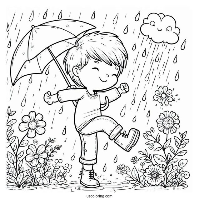 Little Boy Dancing In Spring Coloring Page Rain For Kids