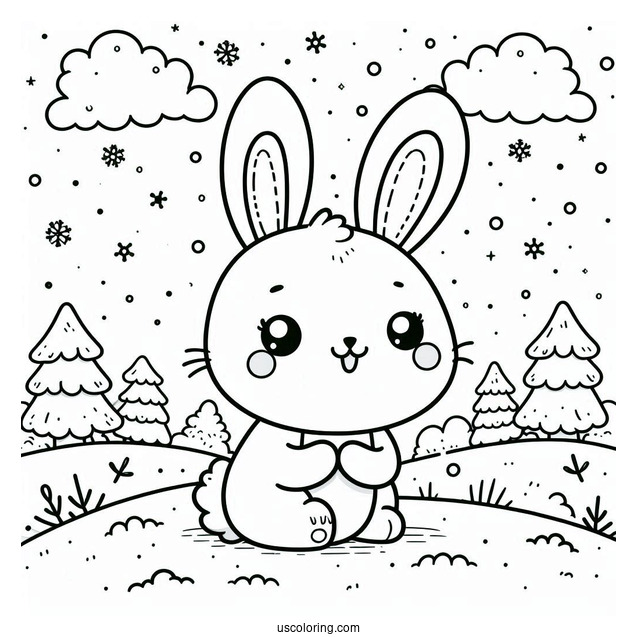 Smiling Rabbit Coloring Page In The Snow For Preschoolers