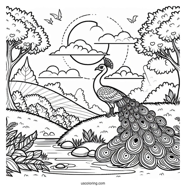 Majestic Peacock Coloring Page in Forest Landscape with Trees and Clouds