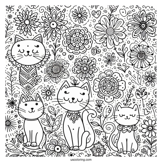 Cats And Flowers Pattern Coloring Page