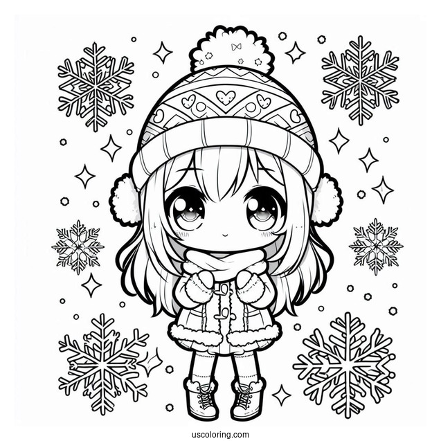 Chibi Girl In Winter Clothes Surrounded By Snowflake Coloring Page