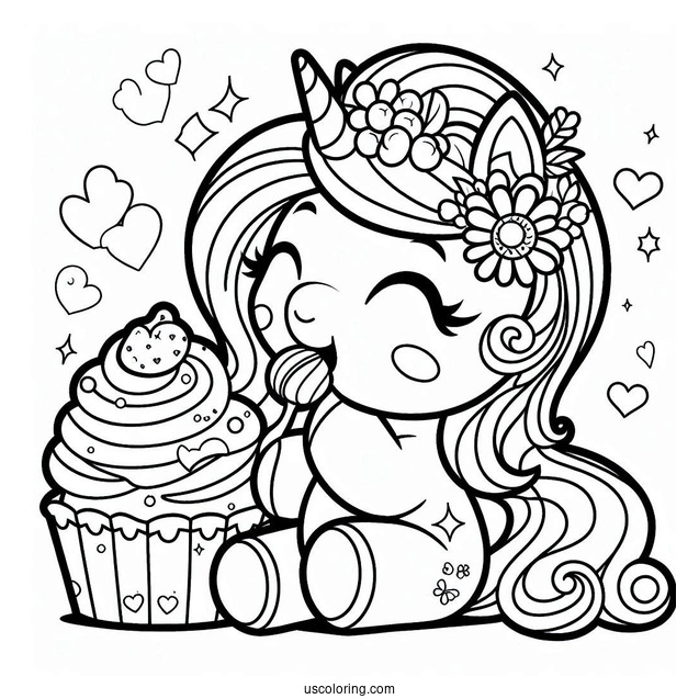 Unicorn My Melody Coloring Page Eating Cupcake