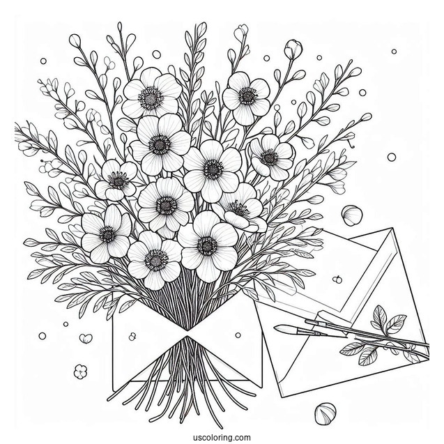 Wildflowers Bursting From An Envelope In Spring Coloring Sheet For Kids