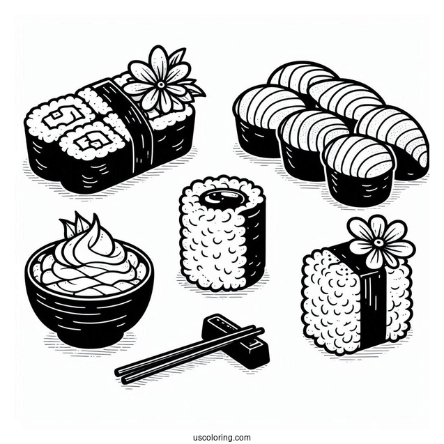 Full Page Temari, Nigiri, Maki, Gunkan Maki, And Inari Sushi Coloring Pages