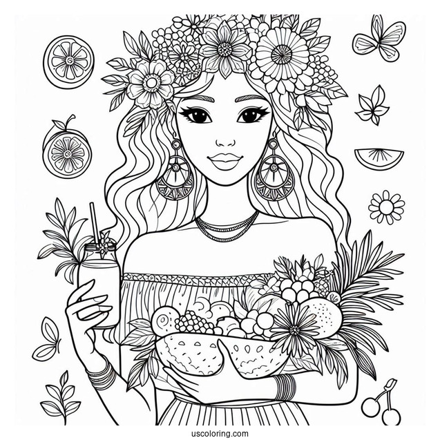 Cute Coloring Page Fashionable Women Holding Flowers And Fruits