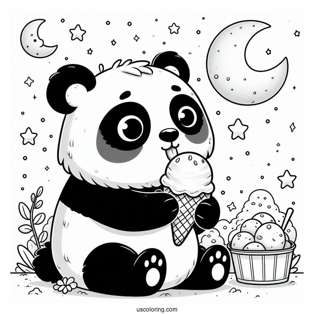 Furry Panda Coloring Page Eating Ice Cream In The Night Sky For Kids