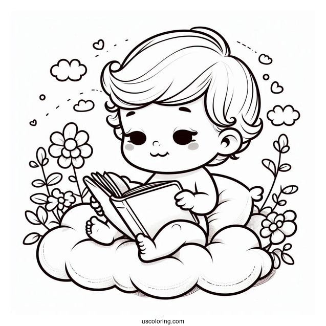 Adorable Baby Coloring Page Reading On A Cloud