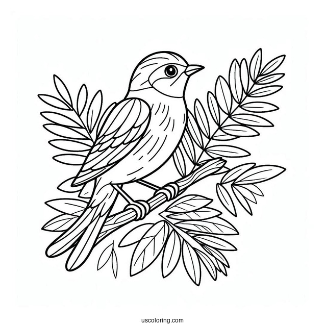 Easy Outline Of Bird Perched On Leaf In Jungle Coloring Page