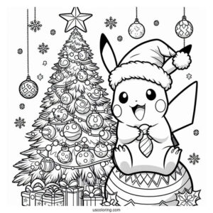 Pokemon Christmas Coloring Page Pikachu On Top Of A Christmas Tree With Pokemon Ornaments