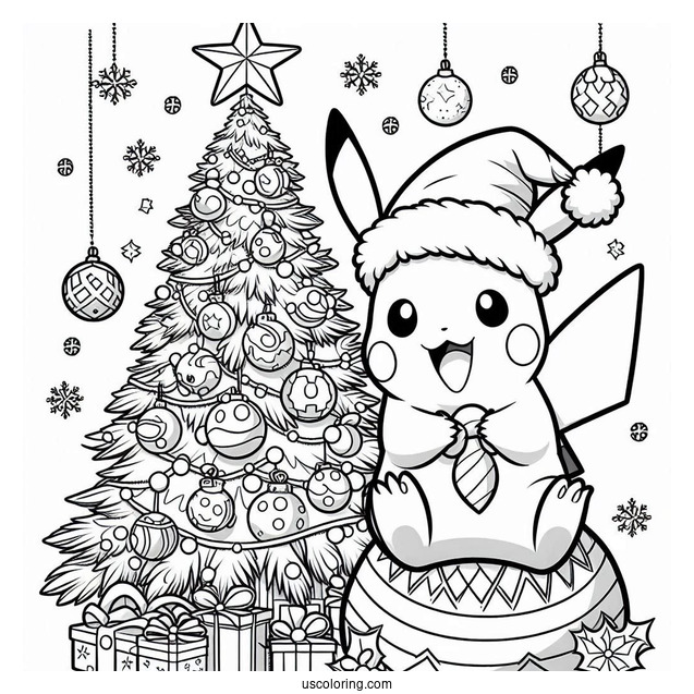 Pokemon Christmas Coloring Page Pikachu On Top Of A Christmas Tree With Pokemon Ornaments