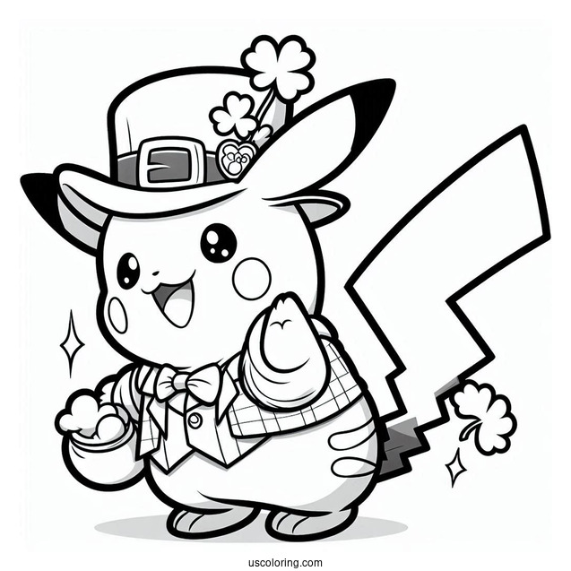 St. Patrick's Day Coloring Page Of Adorable Pikachu Dressed As A Leprechaun For Kids