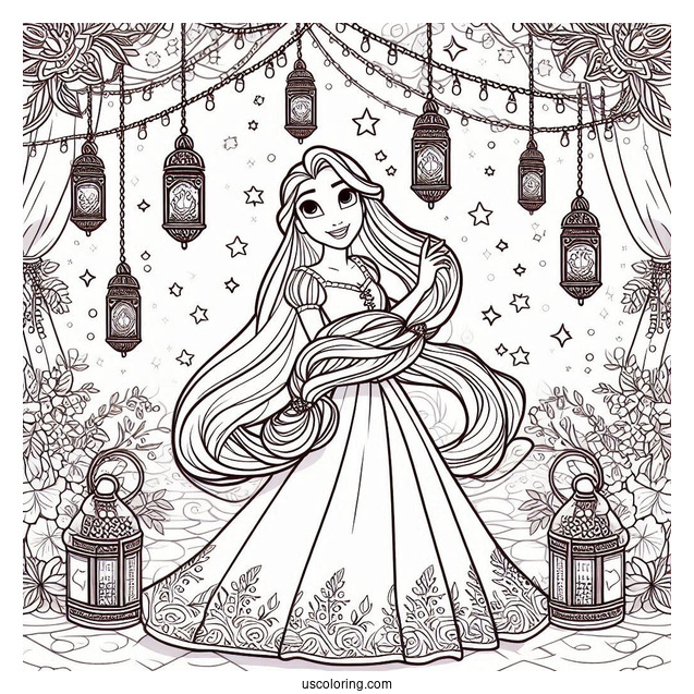 Tangled Princess Coloring Page Of Rapunzel With Lanterns In Background