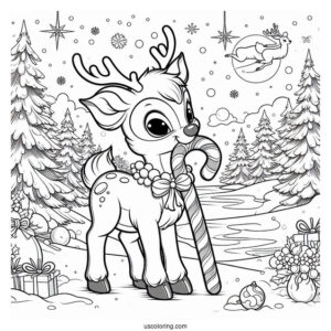 Christmas Coloring Pages For Adults Of Rudolph Biting Candy Cane In Snowy Landscape