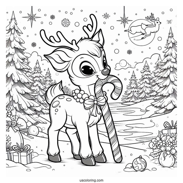 Christmas Coloring Pages For Adults Of Rudolph Biting Candy Cane In Snowy Landscape