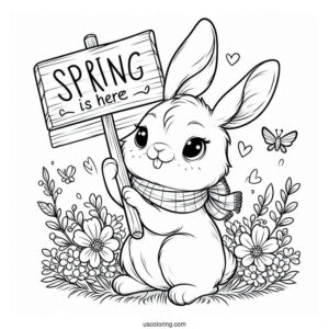 Rabbit Holding A Spring Is Here Sign Coloring Sheet